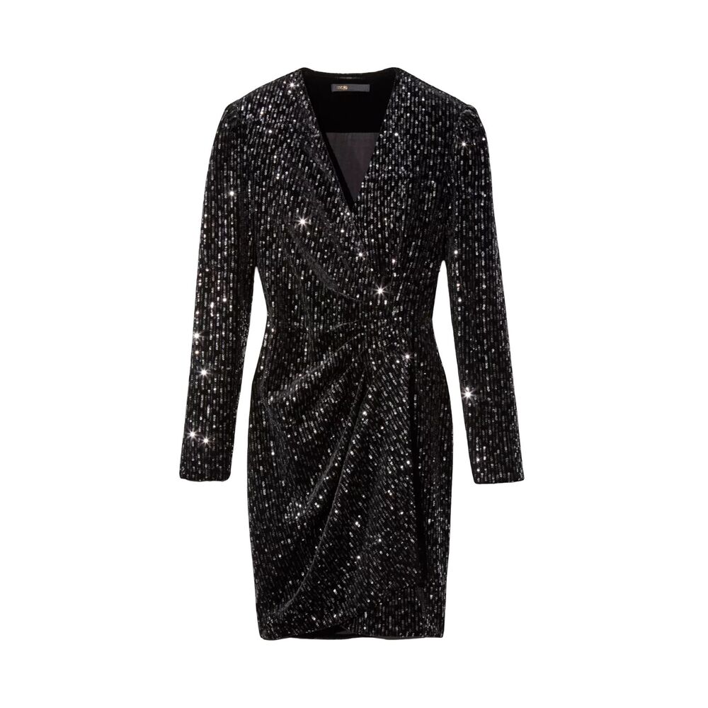 Maje NWOT Rivy Sequin Mini Dress Silver Black Velvet Wrap Long Sleeve Size 4 - Picture 3 of 12
